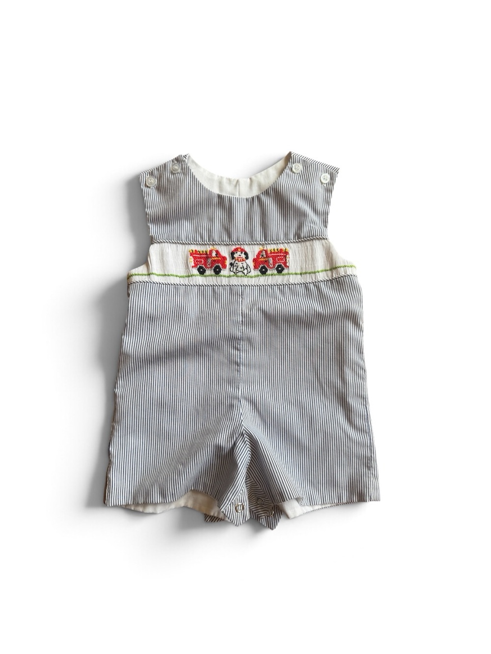 Striped Blue & White Smocked Fire Truck Shortalls for Kids